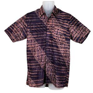 Batik Rumah RARE Mens M Button Up Short Sleeve Shirt Purple Pink Striped Pocket